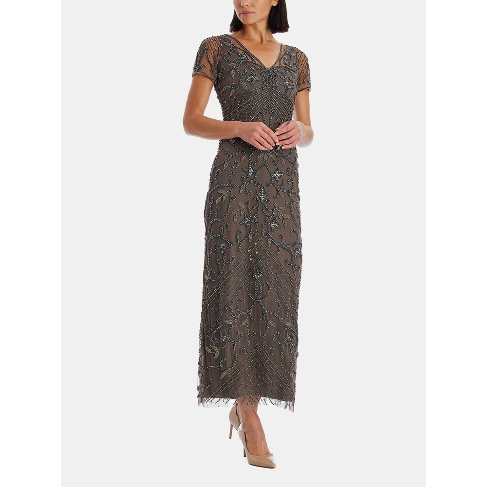PISARRO NIGHTS Long Beaded Dress Aluminium Evening Gown V-Neck Lined Size 2